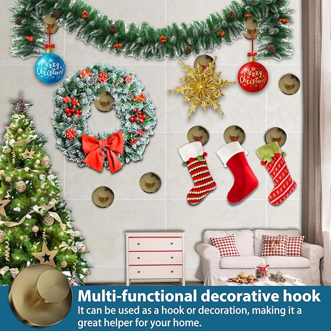Suction Cup Hooks for Shower, 2 PCS No-Drill Towel Holder for Bathrooms Wall, Glass Door, Mirror, Tiles, Kitchen, Hold Robe & Wreath, Hanging up to 15 lbs – Waterproof & Rustproof,Loofah-Gold