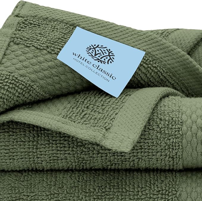 White Classic Luxury Bath Towel Set of 8 Pieces - 100% Turkish Cotton Highly Absorbent Towels for Bathroom, 2 Luxury Bath Towels 700GSM, 2 Hand Towels, 4 Washcloths, Sage Green