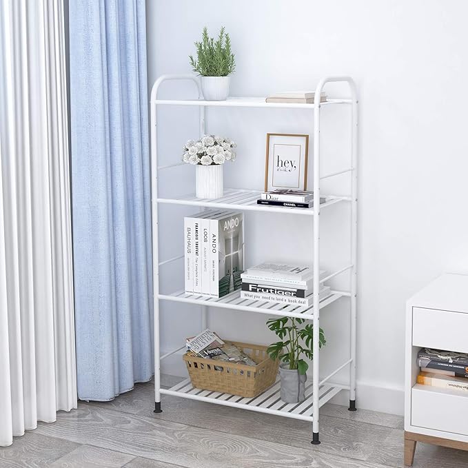 JSB 4-Tier Adjustable Shelving Unit, Heavy Duty Storage Rack Organizer Metal Corner Shelf for Kitchen Living Room Laundry Pantry Bathroom (White, 4 Tier)…