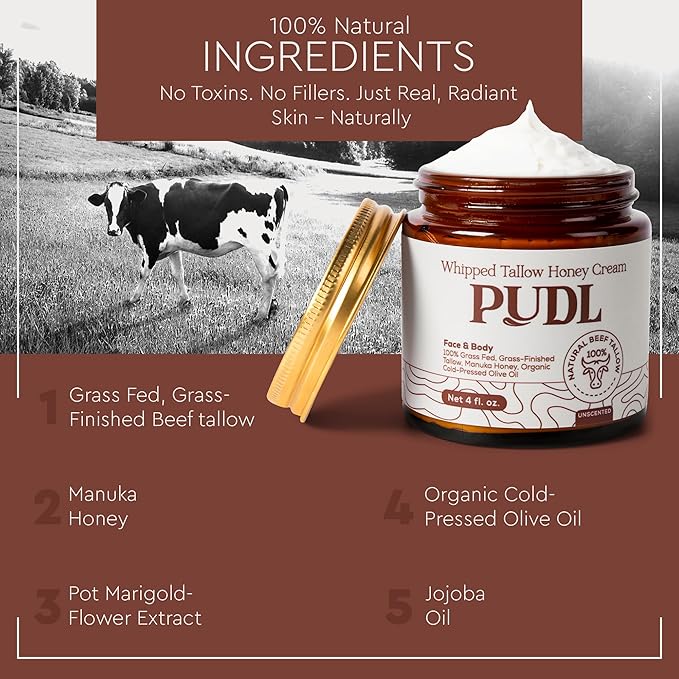 PUDL Grass Fed Beef Tallow for Skin Care with Manuka Honey, Organic Olive Oil and Jojoba Oil – Whipped Lotion Balm Anti-Aging Moisturizer Deeply Nourishing for Sensitive Skin Face & Body