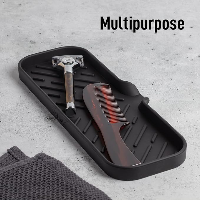 Zulay Kitchen Large Silicone Sponge Holder (12x4) – Flexible Sink Organizer Tray for Kitchen & Bathroom – Multipurpose Soap Dish for Sponges, Makeup, Trinkets & More (Black)