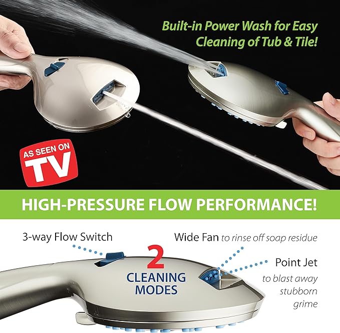 Hotel Spa AquaCare High Pressure 8-mode Handheld Shower Head - Anti-clog Nozzles, Built-in Power Wash to Clean Tub, Tile & Pets, Extra Long 6 ft. Hose, Wall & Overhead Brackets - 1.8 GPM