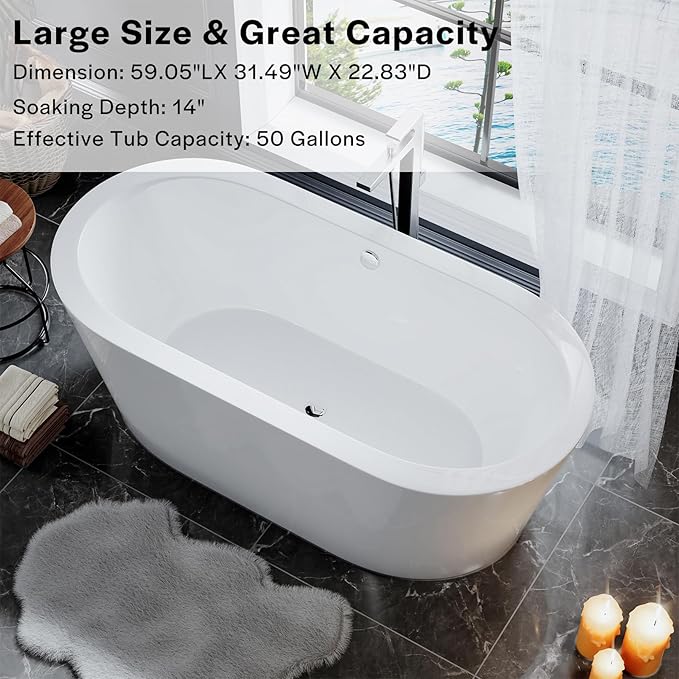 Empava Bathtub, 59" Soaking Tub, Acrylic Free Standing Tub with Center Drain and Overflow,Contemporary Design Bathtubs for Bathroom, cUPC Certified, Glossy White (Pack of 1)