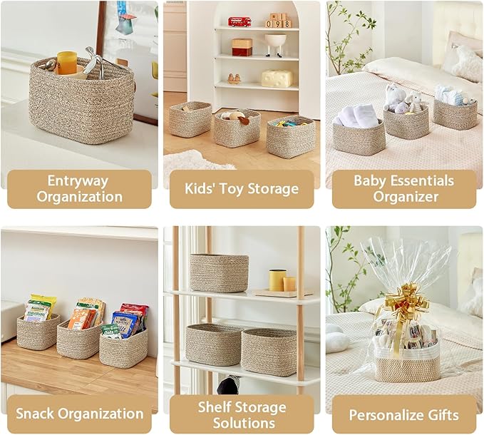 Small Cotton Rope Basket – Storage Bin for Organizing (10.6" x 6.7" x 6.7"), Bathroom Storage Basket for Shelf, Counter & Closet（Beige）
