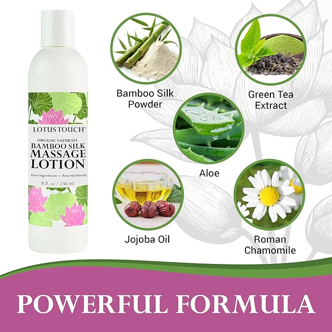 Organic Naturals Bamboo Silk Massage Lotion by Lotus Touch - 100% Pure Bamboo Silk Powder, Green Tea Extract & Aloe Vera - Unscented - Moisturizing, Fast Absorbing - Soft, Silky Glide – 8 Ounces