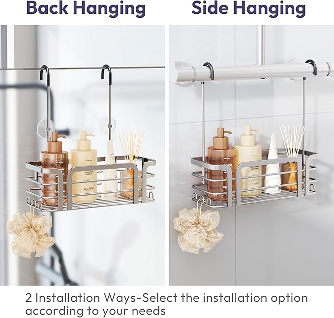 SWTYMIKI Shower Caddy Hanging Organizer - Over the Door Shower Caddy with 6 Hooks, 2 Installation Ways, Stainless Steel Rustproof Bathroom Organizer, Sand Nickel