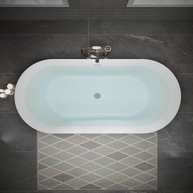 ABRUZZO 63" Acrylic Freestanding Bathtub - Oval Deep Soak Tub, Center Drain & Overflow, cUPC Certified Glossy White