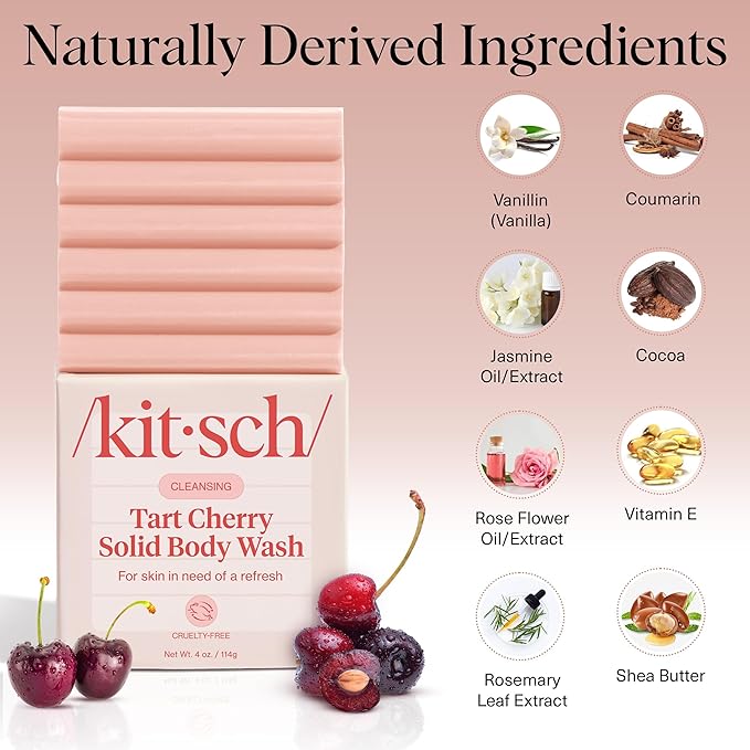 Kitsch Cleansing Tart Cherry Soap Bar with Refreshing Scent - Eco-Friendly Body Wash Women Love - Cherry Solid Bar Soap for Daily Use - Silicone, Sulfate and Paraben Free, Made in USA - 4oz
