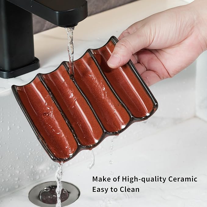 Bathroom Soap Dish for Shower, Bar Soap Holder with Self Drain, Ceramic Soap Saver Tray for Bathroom Sink, Kitchen Counter, Drain Fluted Design to Lift Soap Keep Dry, Red