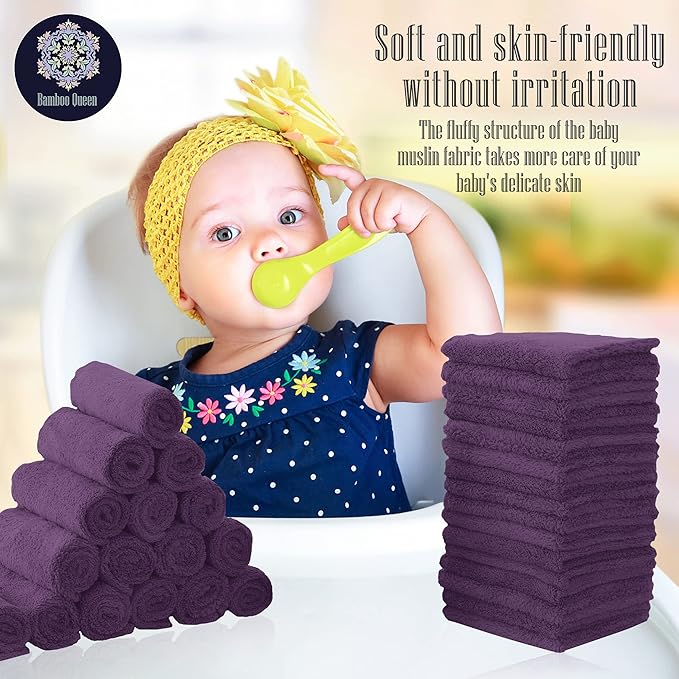 32 Pack Baby Washcloths - Luxury Coral Fleece - Extra Absorbent and Soft Wash Clothes for Newborns, Infants and Toddlers - Suitable for Sensitive Skin and New Born - Baby Shower - Plum, 10x10 Inch
