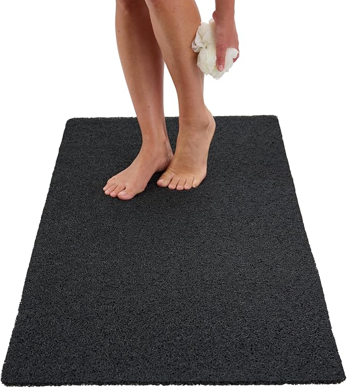 Soft Shower Mat Non Slip - PVC Loofah Inside or Outside Showers, Bathtubs, Bathrooms, and Wet Areas - Safe for Textured Tiled and Smooth Floor - No Suction Cups Secure Anti Slip (Black 24 x 47)