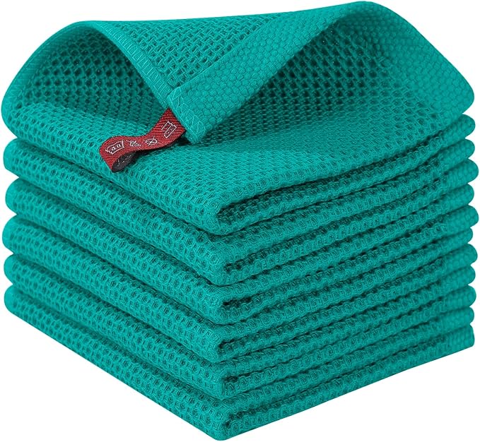 Homaxy 100% Cotton Waffle Weave Kitchen Dish Cloths, Ultra Soft Absorbent Quick Drying Dish Towels, 12 x 12 Inches, 6-Pack, Teal
