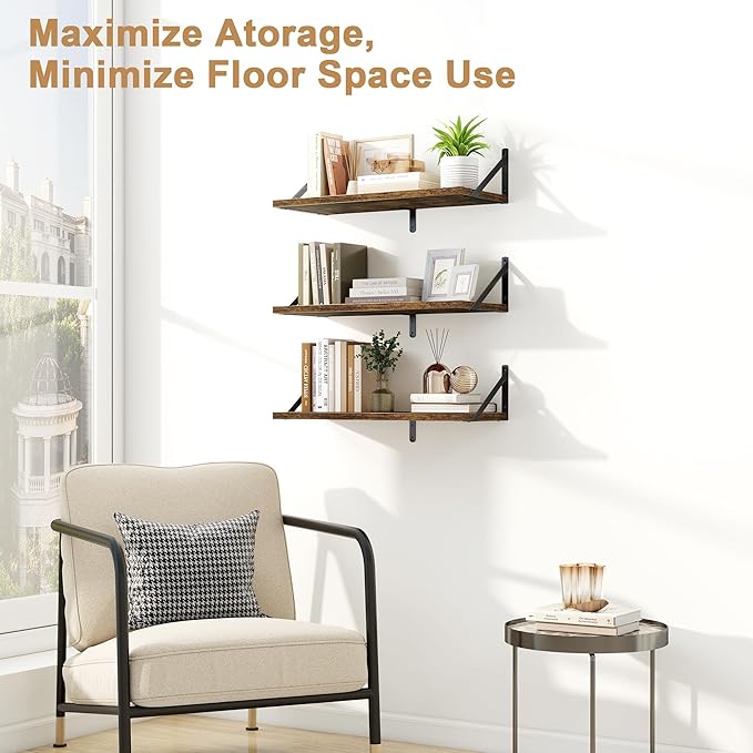 Fun Memories Floating Bookshelves, Set of 3 Wall-Mounted Wood Shelves 24" W x 8" D, Decorative Wall Shelf for Living Room, Bedroom, Bathroom, and Laundry Room (Rustic Brown)