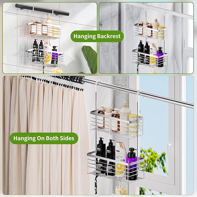 SHANSHUI Shower Hanging Caddy, Double Bathroom Showers Organizer Basket, Shampoo Bracket, Over Door Shower Rack with Hooks, 304 Stainless Steel Rustproof