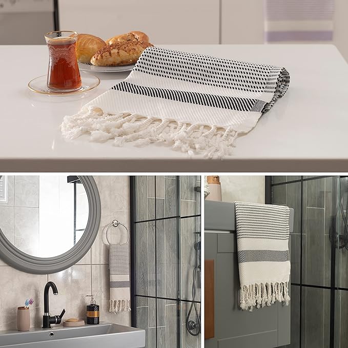 Ruvy Home Basics Turkish Hand Towels for Bathroom Set of 4 | 18"x40", Cotton | Decorative Towel for Bathroom, Kitchen, Dishcloth, Tea, Yoga, Face, Gym - Black