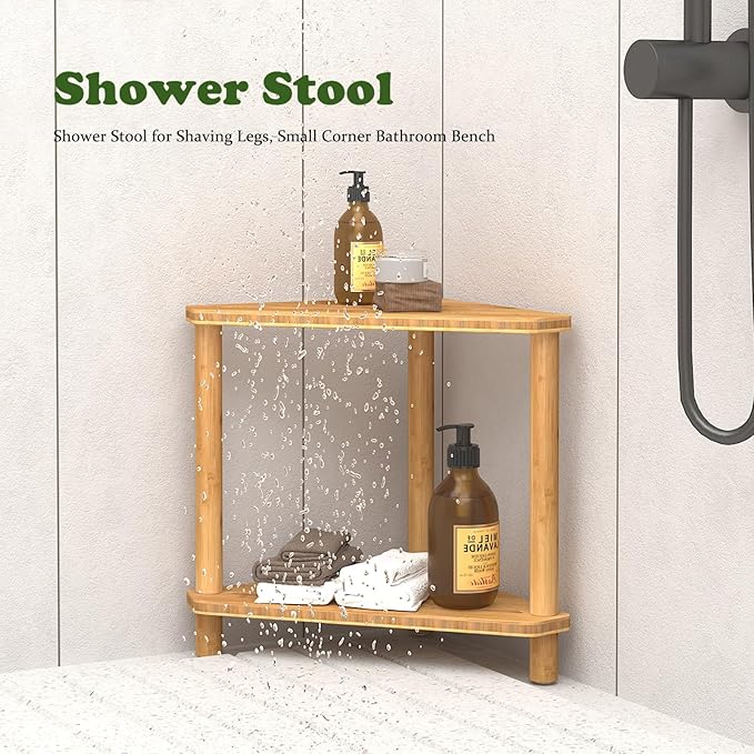 Bamboo Corner Shower Stool,2-Tier Waterproof Shower Stool for Inside Shower Shaving Leg,Small Spaces,Shower Foot Rest with Storage Shelf,Shower Bench,Bath Seat,Corner Nightstand gift for women mom