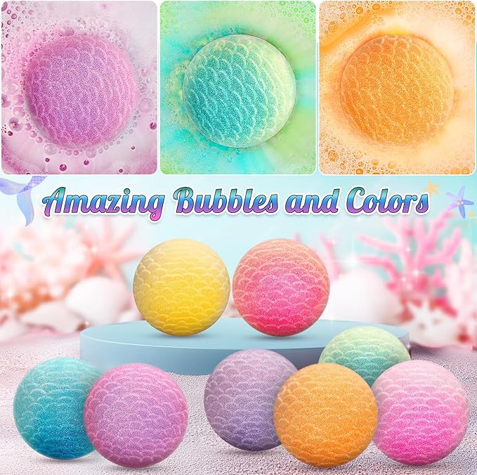 8 Packs Mermaid Bath Bombs for Kids Girls, Bubble Bath Bomb Kit with Surprise Toys Inside, Bath Toys for Kids Aged 4-8, Ideal Birthday Christmas Gifts Stocking Stuffers for Girls 3 4 5 6