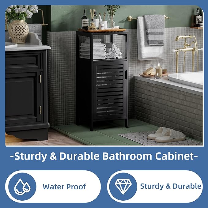 HITNET Bamboo Floor Cabinet, Small Bathroom Cabinet Floor Standing, 4 Tier Narrow Side Storage Cabinet, Space Saving Kitchen Cupboard with Single Door, Black