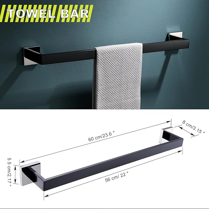 Bathroom Towel Bar Holder Sets Black and Polished 4-Piece Bathroom Hardware Set Stainless Steel Bath Accessories Kit. Wall Mounted,23.6 Inch
