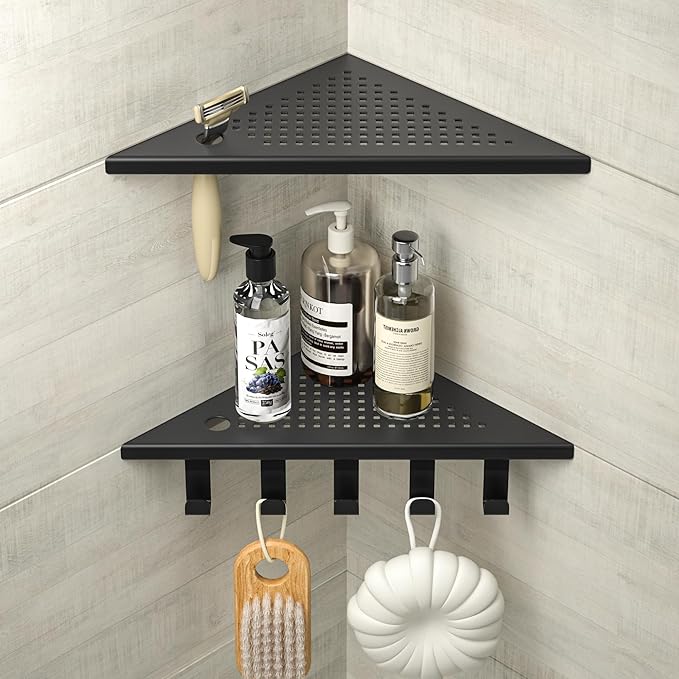 Grout in Shower Shelves with Hooks, 304 Stainless Steel Corner Bathroom Shelf for Tiled Wall (Matte Black, 10'' x 10'')