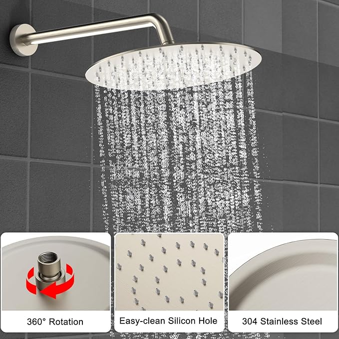Shower Faucet Set 12IN Brass Rough-In Valve Body Trim Kit Rainfall Included Handle Accessories Complete 2 Functions with Rain Head and Handheld Bathroom Systems (12'', Brushed Nickel)