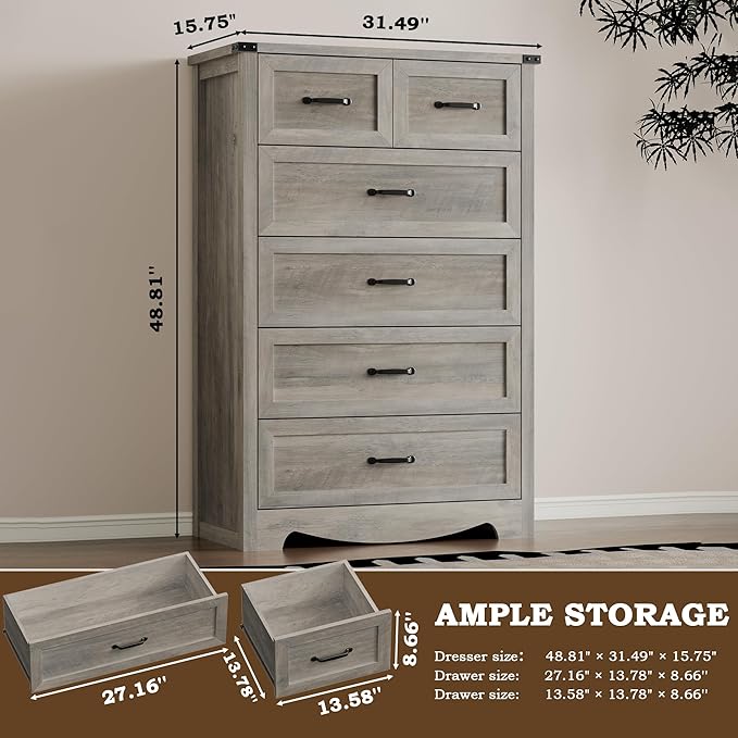 Tall 6-Drawer Dresser for Bedroom, Modern Wooden Chest of Drawers with Metal Handles, Anti-Tipping Design, Sturdy and Stable Storage Organizer for Living Room, Entryway, Home Office