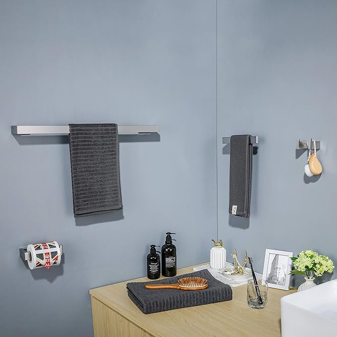 TNOMS 4 Pieces Bathroom Hardware Accessories Set Towel Bar Towel Holder Robe Hook Toilet Paper Holder Stainless Steel,Q8-P4BR
