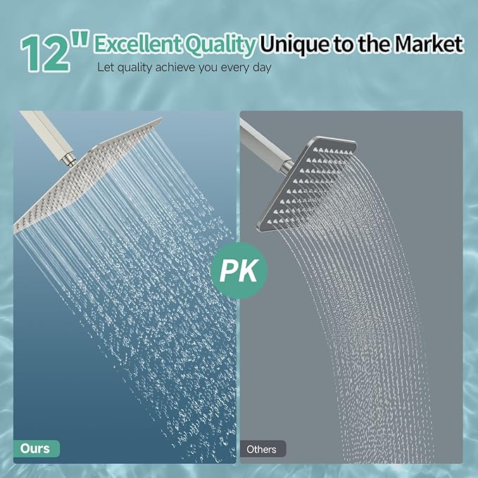 SR SUN RISE 12 Inch Rain Shower Head, High Pressure Rainfall Showerhead Large Waterfall Shower Head Ultra Thin Water Saving, Brushed Nickel 304 Stainless Steel
