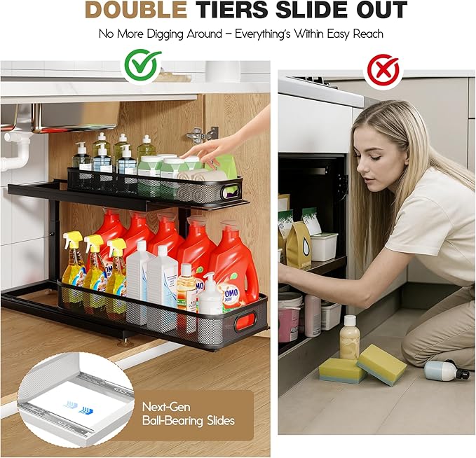 2-Pack 18.5 IN Depth Under Sink Organizer With Next-Gen Ball-Bearing Slides,Sophisticated Mesh 2-Tier Pull Out Shelf for Kitchen & Bathroom,Fits Small Items-Black