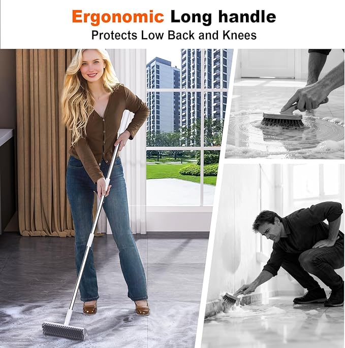 Grout Brush, Heavy-Duty Tile and Shower Floor Scrub Brush with Long Handle Stiff, Professional Grout Cleaner for Bathroom, Kitchen, Floor, Tile Brush Concrete Surfaces