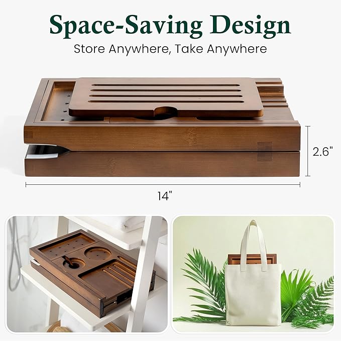 Bamboo Bathtub Tray, Bath Caddy with Wine Glass Holder, Phone Dock & Book Stand | Hands-Free Reading & Ultimate Spa Relaxation Experience-Brown