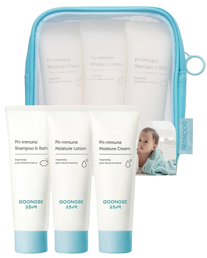 GOONGBE Baby Skincare Travel Set - Korean Baby Skincare & Bath Time Essentials - Shampoo & Bath, Moisutre Lotion, Cream - Hydrating & Nourishing, 3 Items