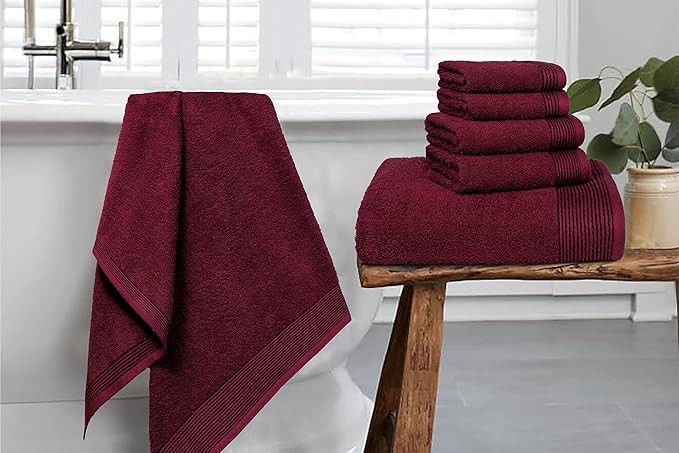 Belizzi Home 100% Cotton Ultra Soft 6 Pack Towel Set, Contains 2 Bath Towels 28x55 inchs, 2 Hand Towels 16x24 inchs & 2 Washcloths 12x12 inchs, Compact Lightweight & Highly Absorbant - Burgundy