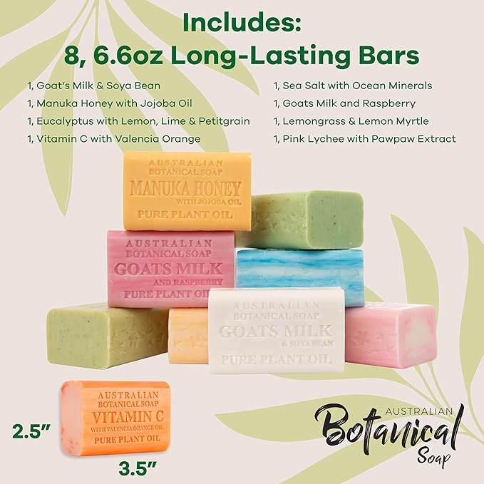 Australian Botanical Soap, 6.6 OZ, Triple Milled Bars with Pure Plant Oil, Natural Soap Base, Enriched with Organic Shea Butter, for Men, Women, All Skin Types, Variety Pack of 8, Packaging May Vary