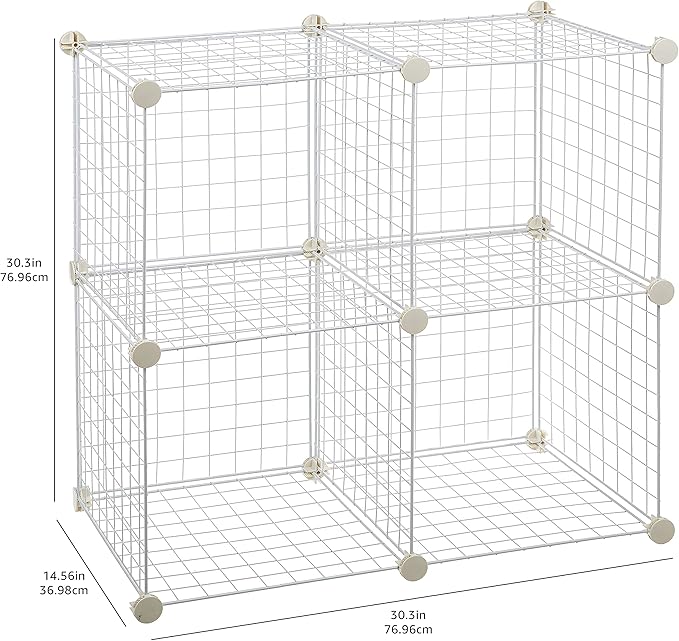 Amazon Basics 4 Cube Storage Organizer - Wire Grid Closet and Storage Shelves, Stackable, White 14"x14"x14"