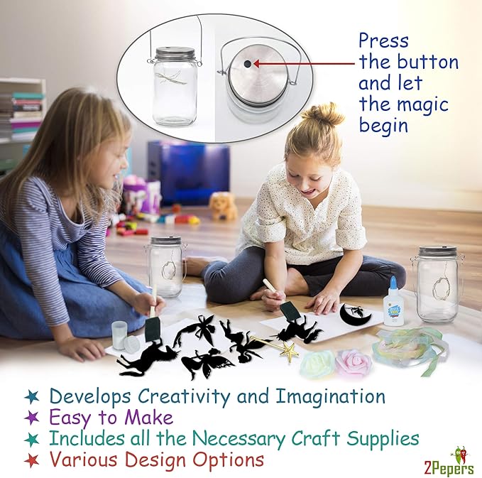 2Pepers DIY Fairy and Unicorn Nightlight Craft Kit (2 Pack), Fairy Lantern Jars Arts and Crafts for Girls, Make Your Own Unicorn Lamp Decor Craft Project, Gifts for Kids