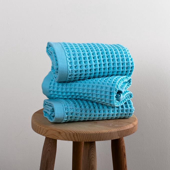 PÜSKÜL Organic Waffle Kitchen Towel 100% Turkish Cotton Set of 3 Turquoise - Premium Quality, Soft, Quick-Dry, Absorbent, Lint-Free Hand Towels 32X16 Inches (3, Turquoise)