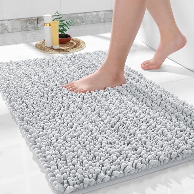 Yimobra Large Bathroom Rugs Non Slip Washable 36x24 Inch - Ultra Soft Absorbent Chenille Bath Mat, Quick Dry Shaggy Floor Carpet for Tub Shower, Silver Home Decor Accessories