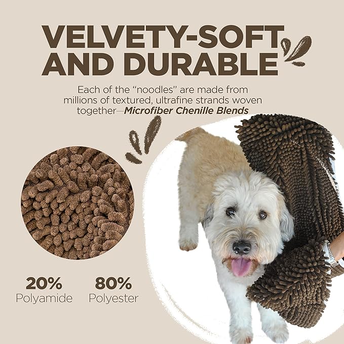Soggy Doggy Super Shammy Dog Towel - Microfiber Chenille Towel for Drying Dogs and Cleaning Paws - Fast Drying with Hand Pockets for Ease (Dark Chocolate/Oatmeal Trim, 31” x 14”)