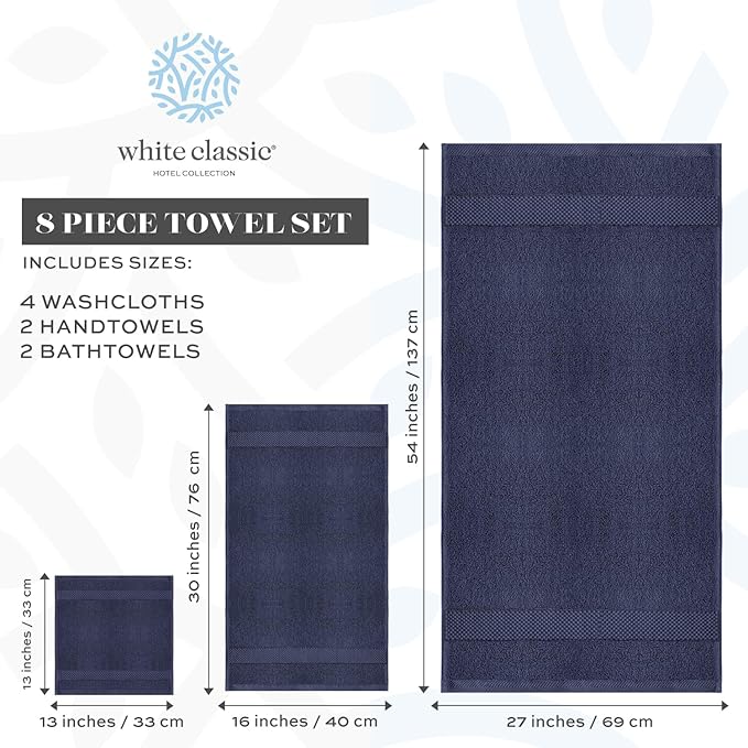 White Classic Luxury Bath Towel Set of 8 Pieces - 100% Turkish Cotton Highly Absorbent Towels for Bathroom, 2 Luxury Bath Towels 700GSM, 2 Hand Towels, 4 Washcloths, Navy