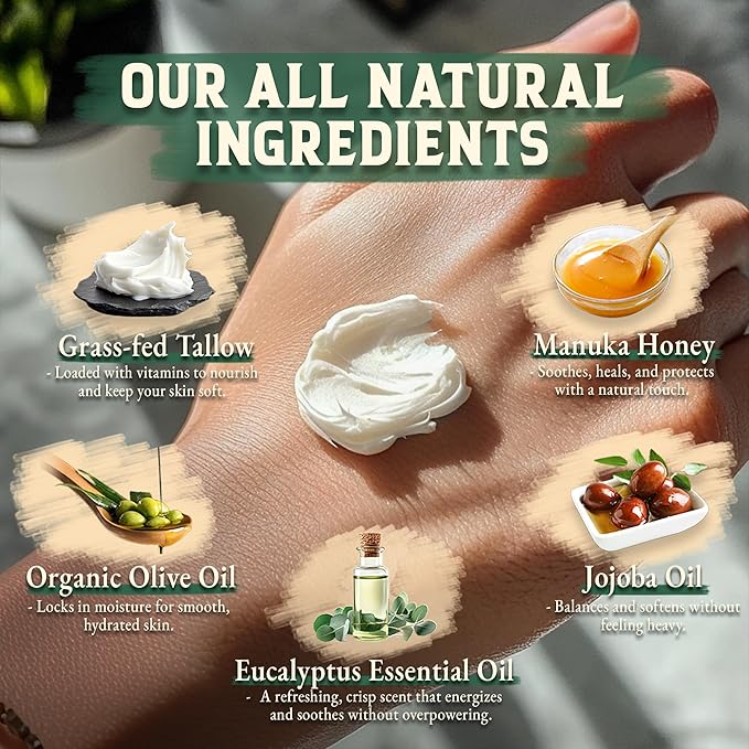 Organic Beef Tallow for Skin - 4 OZ (Eucalyptus) — Grass Fed Beef Tallow for face + Body — US-Made Whipped Tallow and Honey Balm Moisturizer for Dry and Sensitive Skin, Eczema, Rosacea (No Additives)