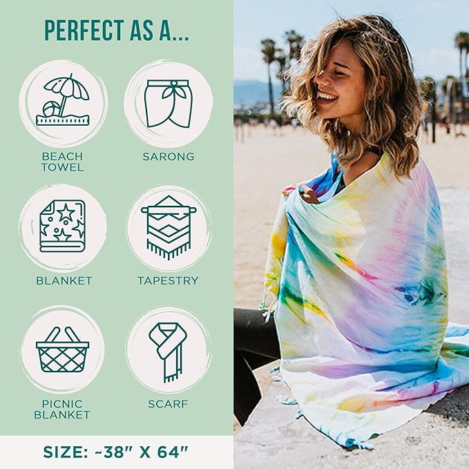 Sand Cloud Turkish Beach Towel - Sand Free - 100% Organic Turkish Cotton Yarn - Quick Dry Towel for Beach, Picnic Blanket or Throw - As Seen on Shark Tank - Tie Dye (Wanderlust)