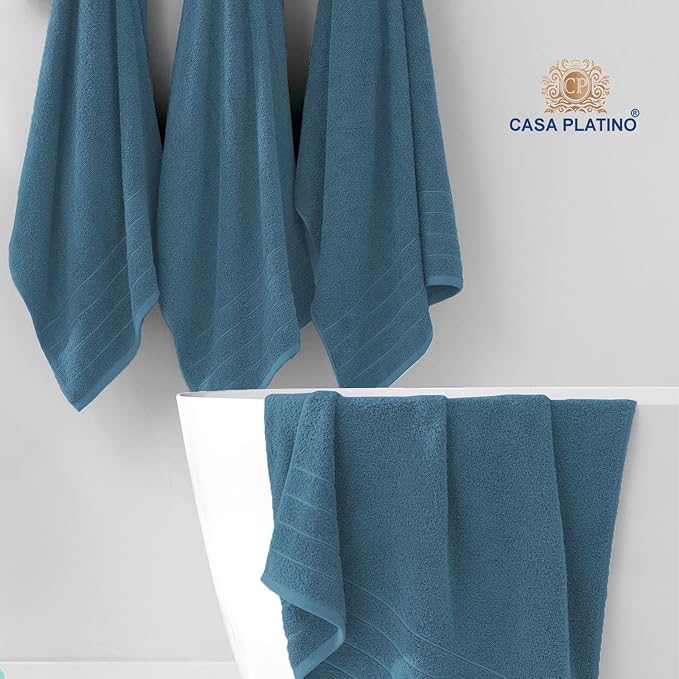 Casa Platino 100% Cotton Luxury Bath Towel Set - 18 Pieces - Ring Spun, Soft, Quick Dry & Extra Absorbent - 6 Bath, 6 Washcloths, 6 Bathroom Hand Towels - Minimal Lint After 3 Washes - Steel Blue
