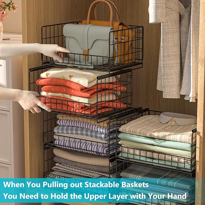 4-Tier Sliding Closet Organizers and Storage Shelves, Stackable Closet Shelf Organizer Basket Bins, Drawer Shelf Storage Container for Wardrobe Cupboard Kitchen Bathroom Office, Black