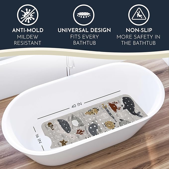 Bath Tub Mat Non Slip Anti Mold for Kids BPA Free INCL Hooks - homerella® Ocean Sea Animals 40x16, Baby Bath Mat Non Slip 200 Suction Cups, Non Toxic Machine Washable Toddler Bath Mat, EU Certified