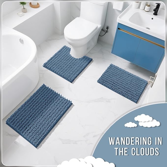 Yimobra Bathroom Rugs Non Slip Washable - Ultra Soft Absorbent Chenille Bath Mat, Quick Dry Shaggy Floor Carpet for Tub Shower, Denim Blue Home Decor Accessories, 24x17 Inch