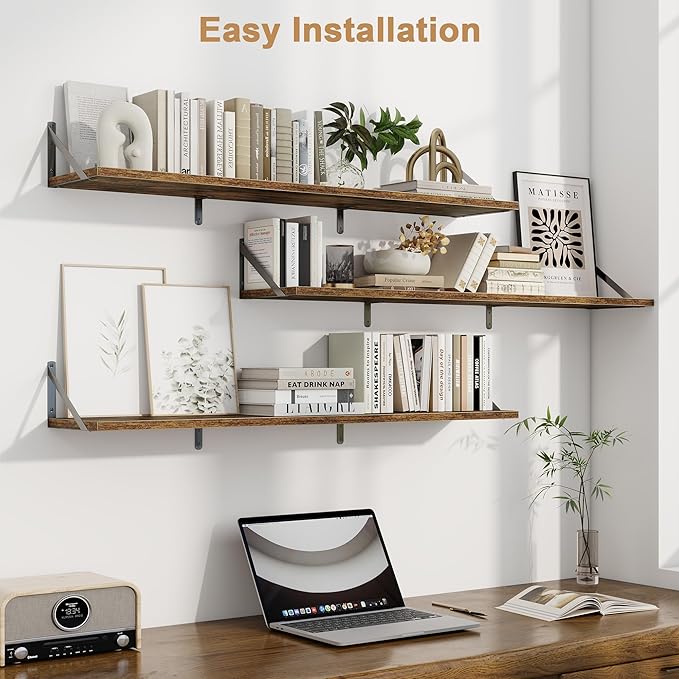 Fun Memories Extra Long Floating Wall Shelves, 48 x 8 Inches, Set of 3 Large Wood Floating Bookshelves with Metal Brackets for Storage & Display (Rustic Brown)