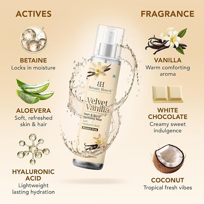 Botanic Hearth Velvet Vanilla Hair & Body Perfume Mist with Hyaluronic Acid, Alcohol-Free Formula, Long Lasting Fresh Vanilla Scent, Lightweight Body Spray for Women & Men, 3.4 fl oz / 100 ml