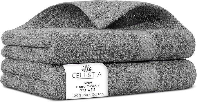 100% Cotton Hand Towel Set of 2, (16 x 28 inches) Sustainable, Soft, Highly Absorbent, Quick Drying, Combed Cotton Hand Towels Pack of 2 Ideal for Hotels, Spa, Bathroom, Dorm, Grey
