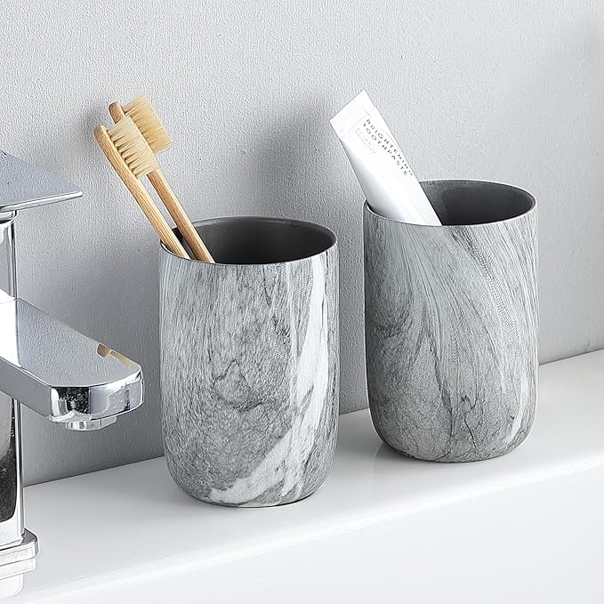 Marble Grey Toothbrush Holders for Bathrooms - 2 Cups Ceramic Toothbrush Toothpaste Holders, Grey Bathroom Tumbler Cups Reusable Toothbrush Mouthwash Cups, Bathroom Counter Organizer.
